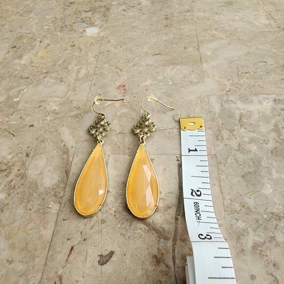 Stony Earrings with Peach-Colored Teardrops Dangling from Ornate Crosses - Picture 2 of 6